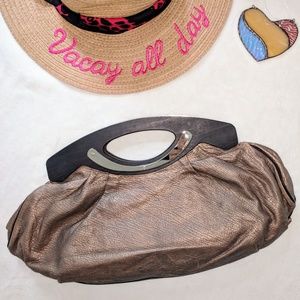 Etro Leather With Wooden Handle Clutch Large GUC